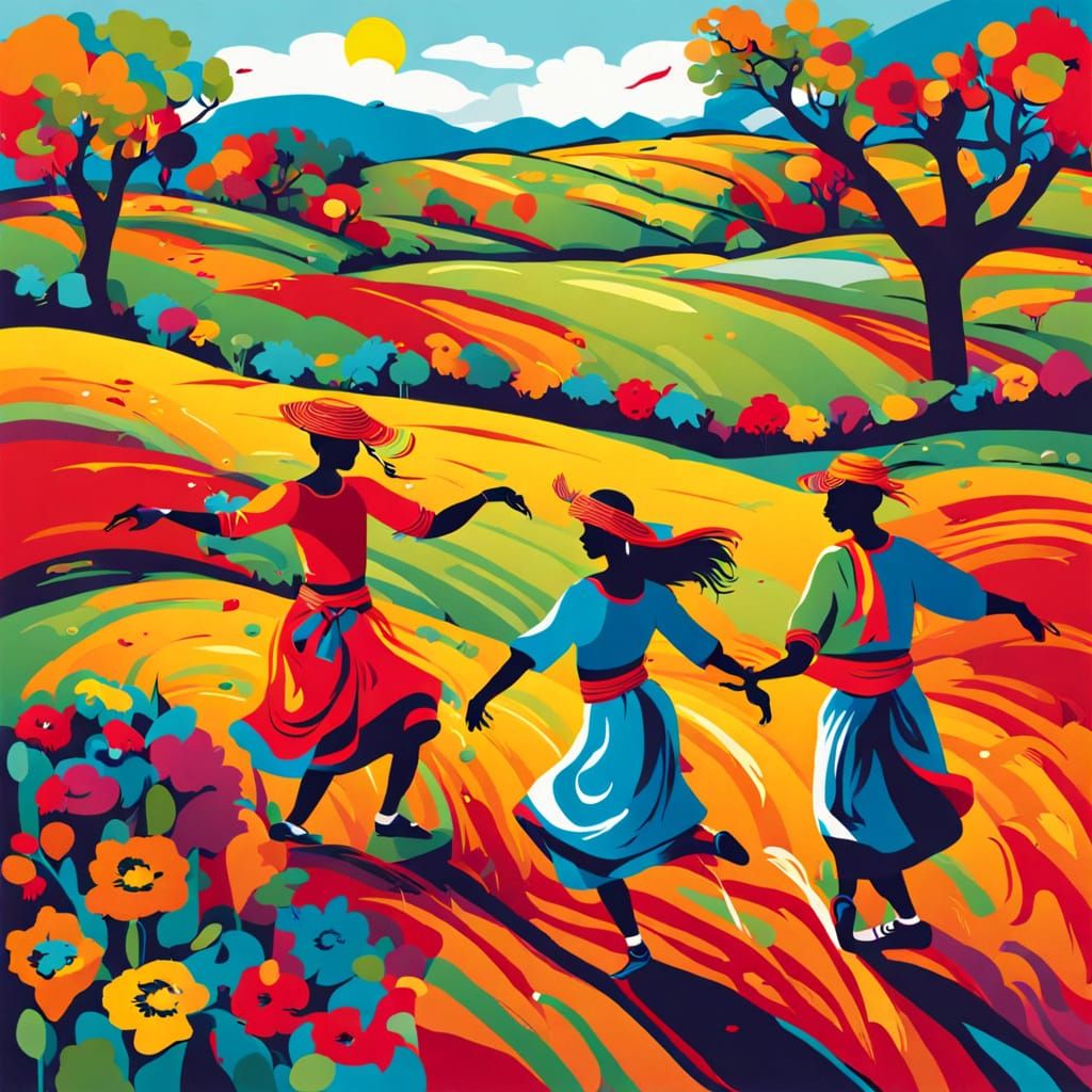 Vibrant Rural Dance Scene Under Endless Skies