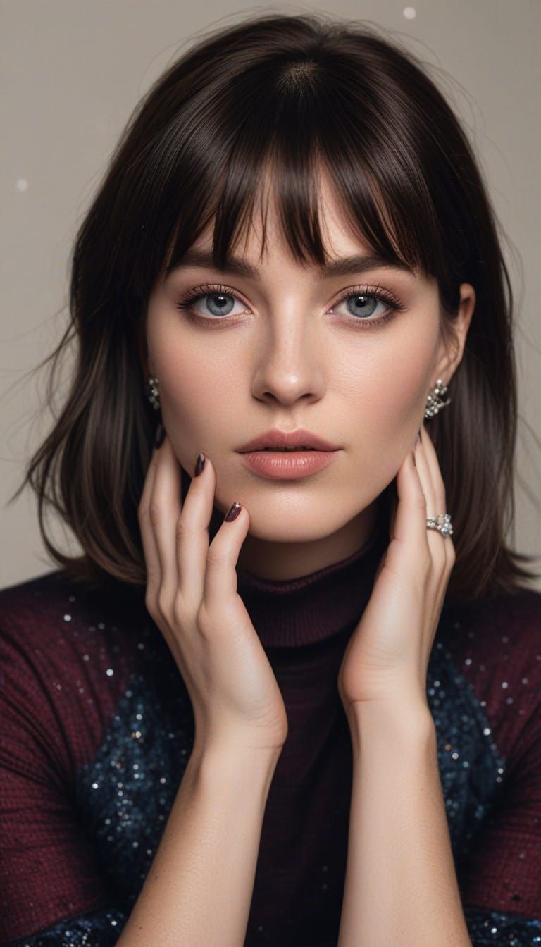 Elegant Woman in Burgundy, Dazzling Blue Eyes, Soft Focus