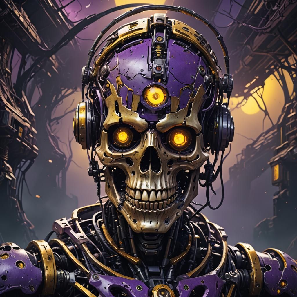 Halloween Robot Skeleton in Gloomy Space: Dark Fantasy Art