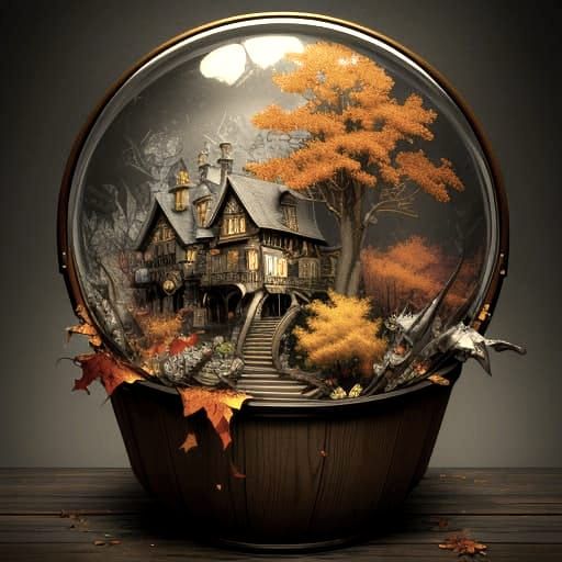 Bizarre Autumn Forest Scene in Woodcut Style