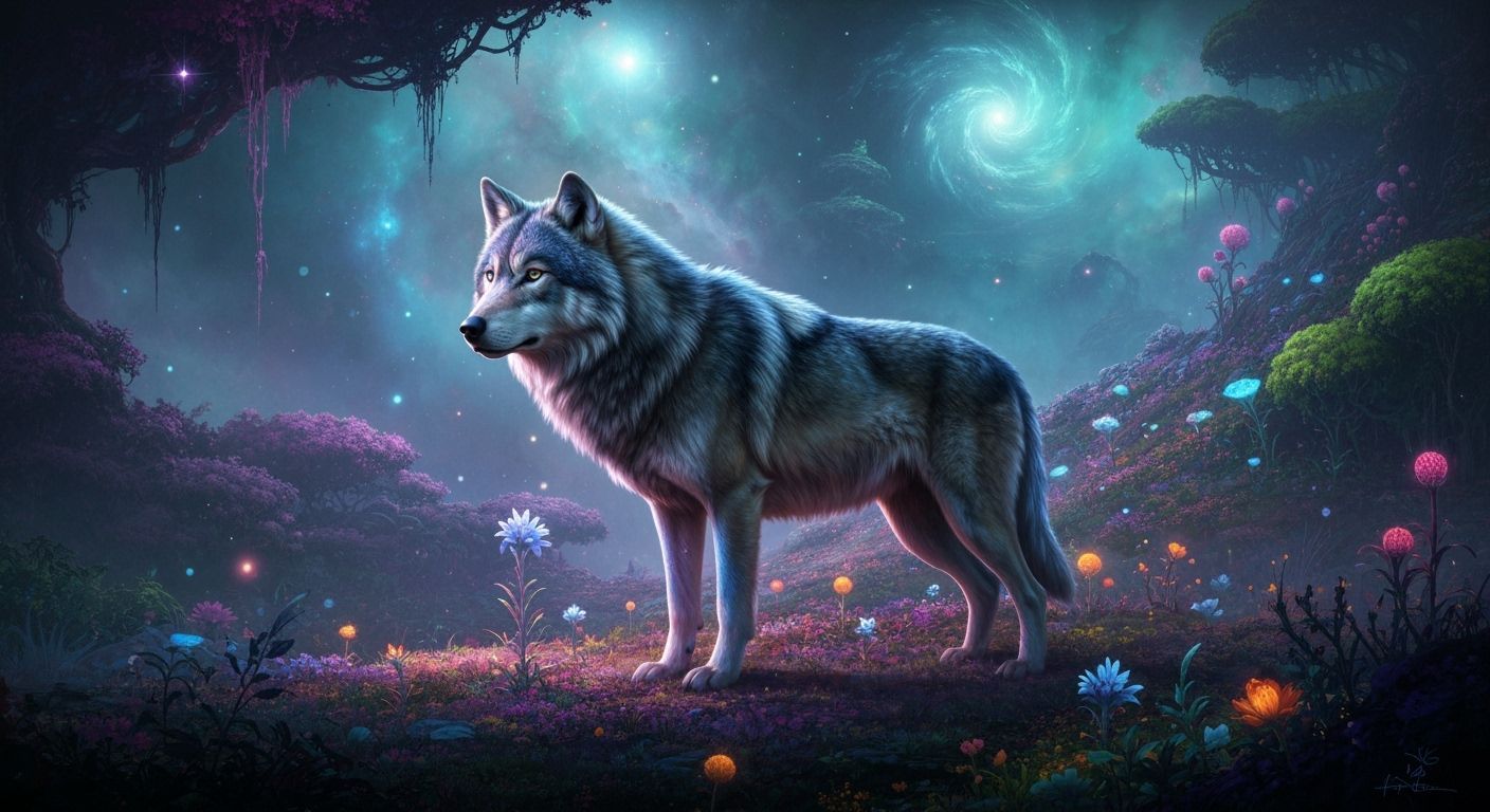 Majestic Wolf in a Bioluminescent Fantastical Landscape