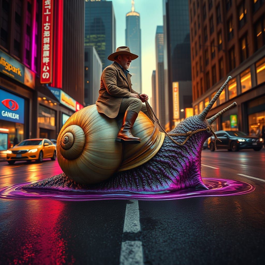 Stockman Rides Giant Snail Through Neon City