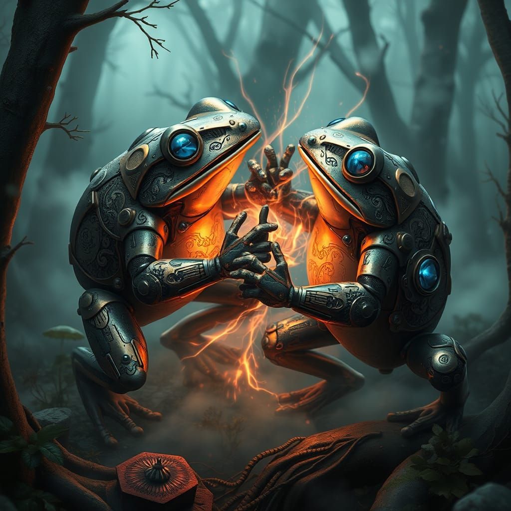 Armored Mechanical Frogs Battle in Mystical Forest
