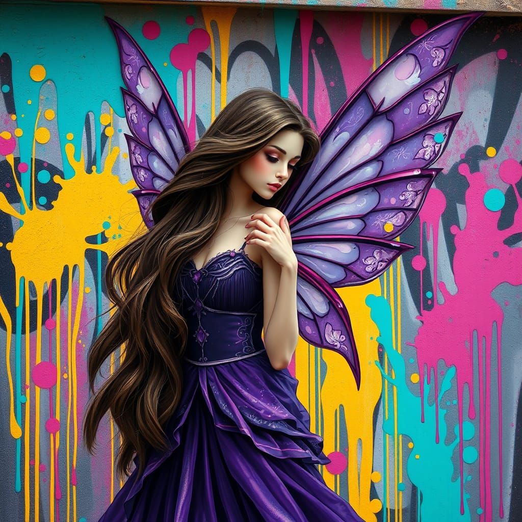 Fairy in Urban Landscape with Polychromatic Art