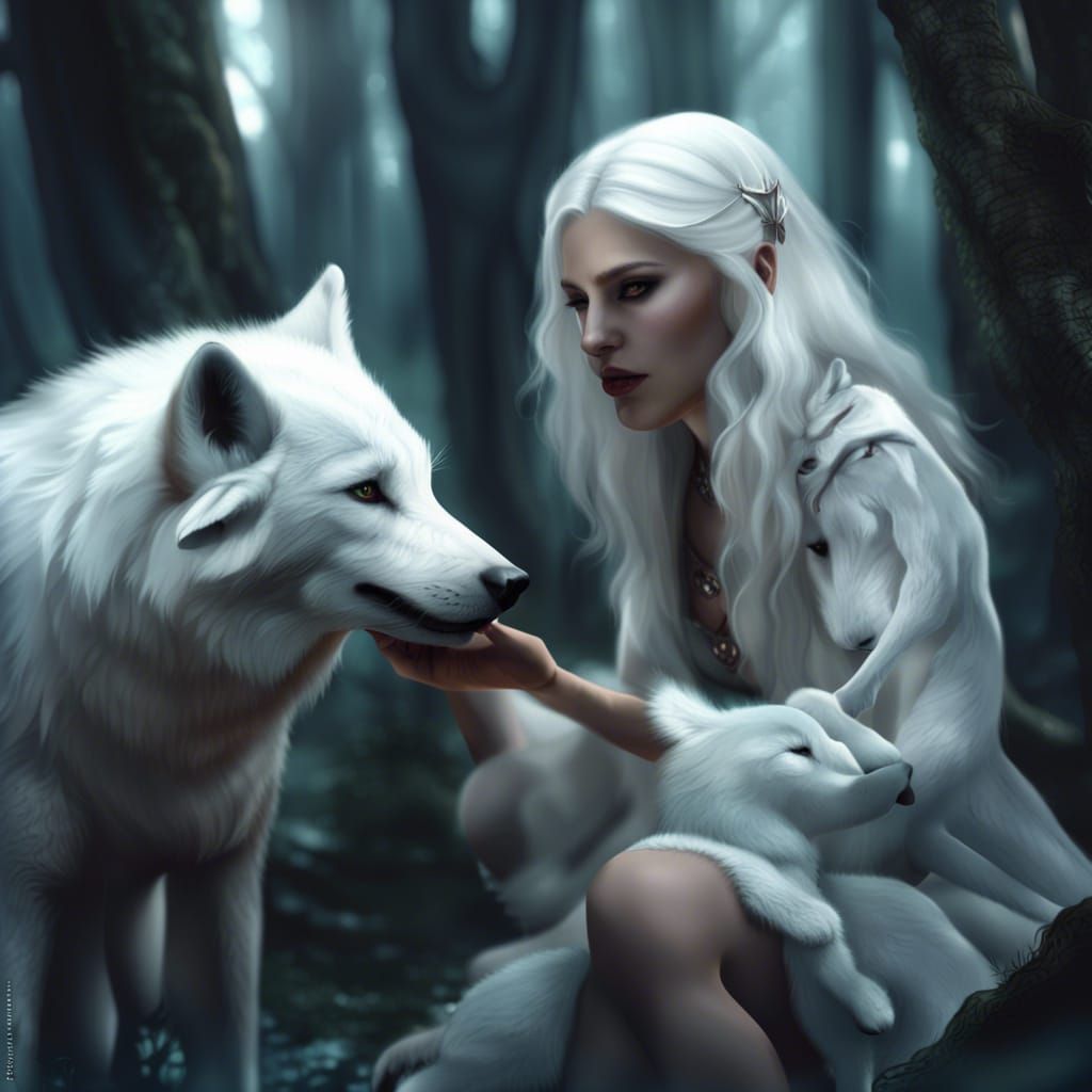 Wolf Demon Girl and Pup in Enchanted Forest