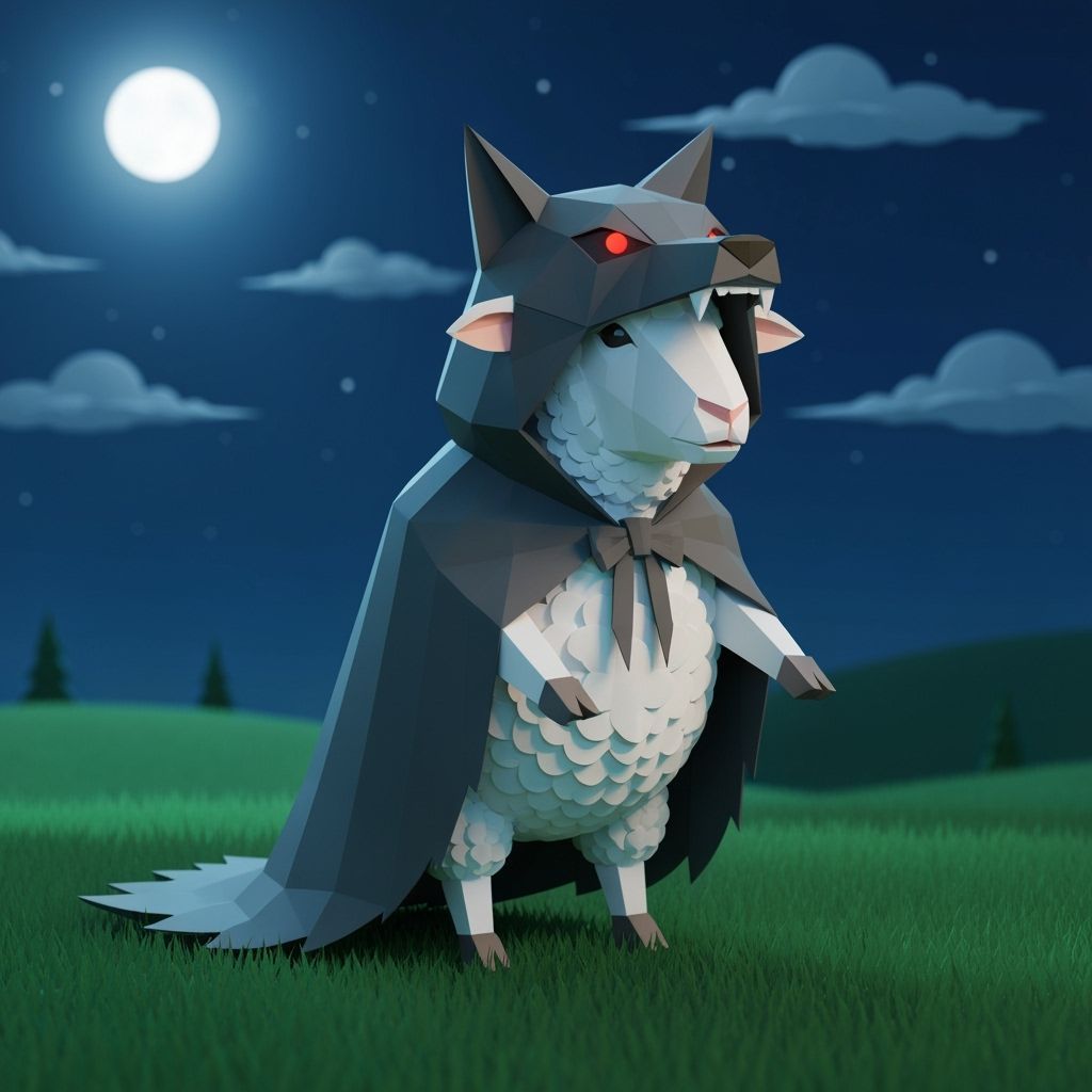 Origami Sheep Disguised as Wolf Under Moon