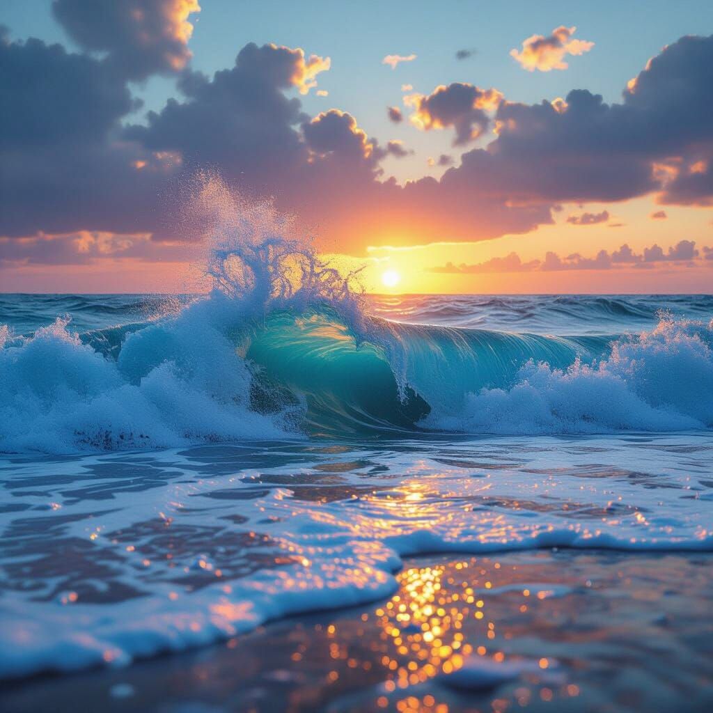 Iridescent Sunrise Over Turquoise Waves