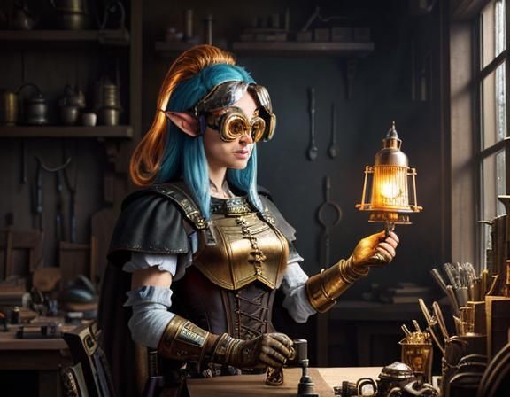 Gnome Tinkerer with Automata in Steampunk Style