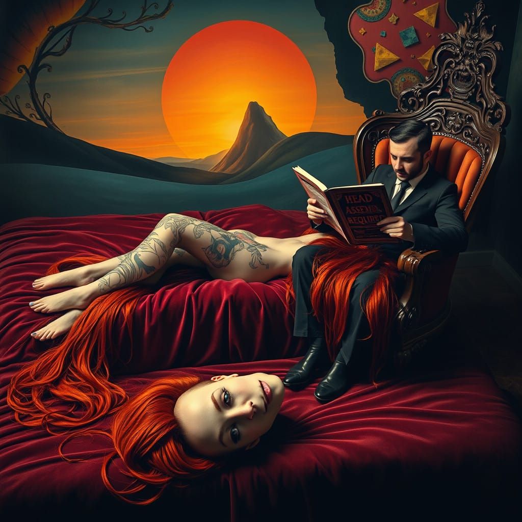 Surrealist Woman's Body in Velvet Bed with Severed Head and...