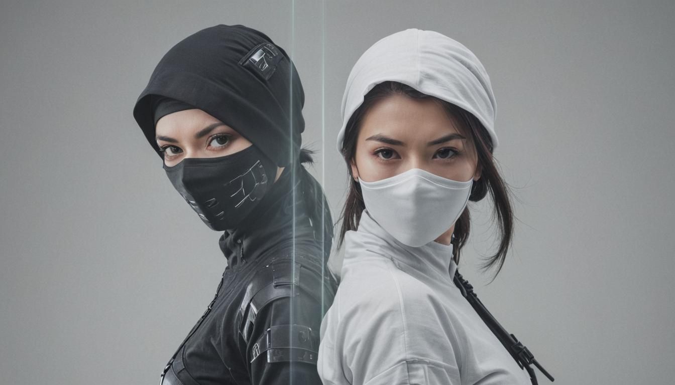 Sleek Woman Ninja in Cyberpunk Double Exposure