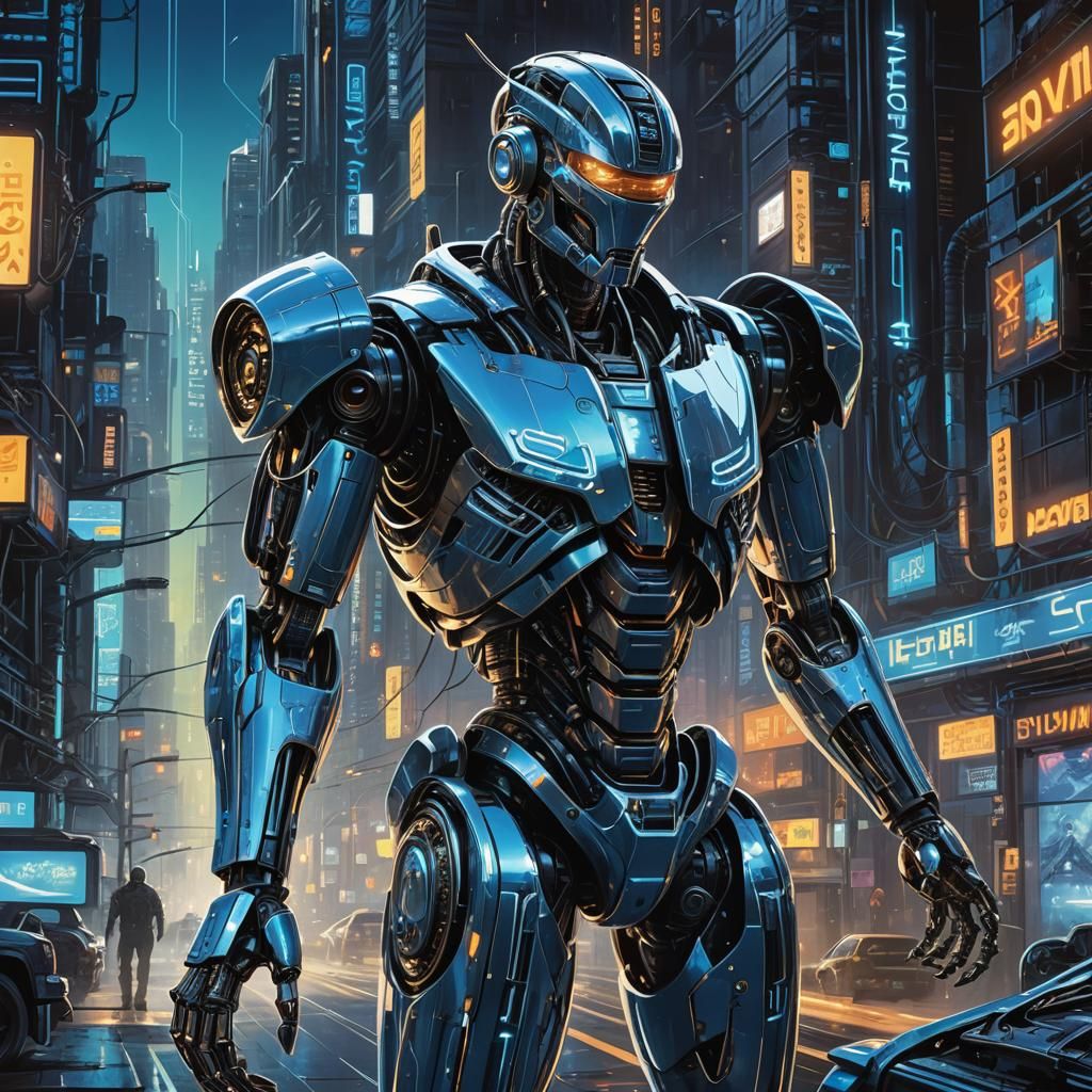 Robot in Neon Cityscape Sci-Fi Art