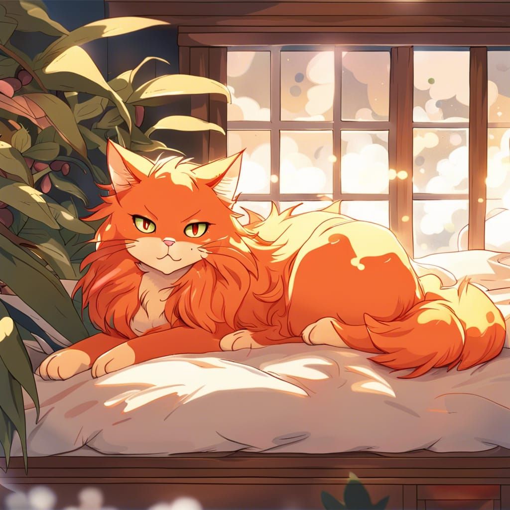 Fiery Orange Cat Lounging in Anime Style