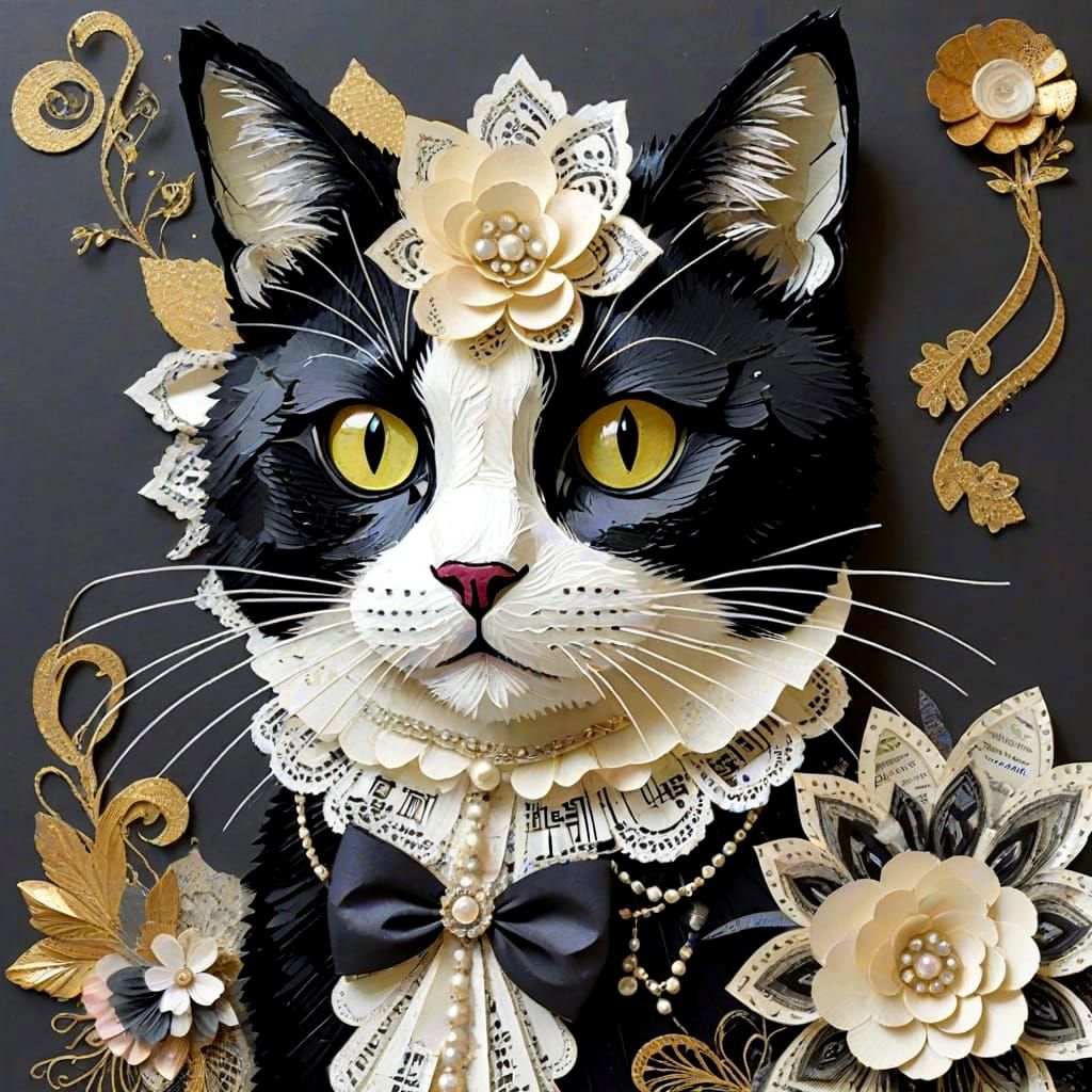 Whimsical Tuxedo Cat in Mixed Media Masterpiece