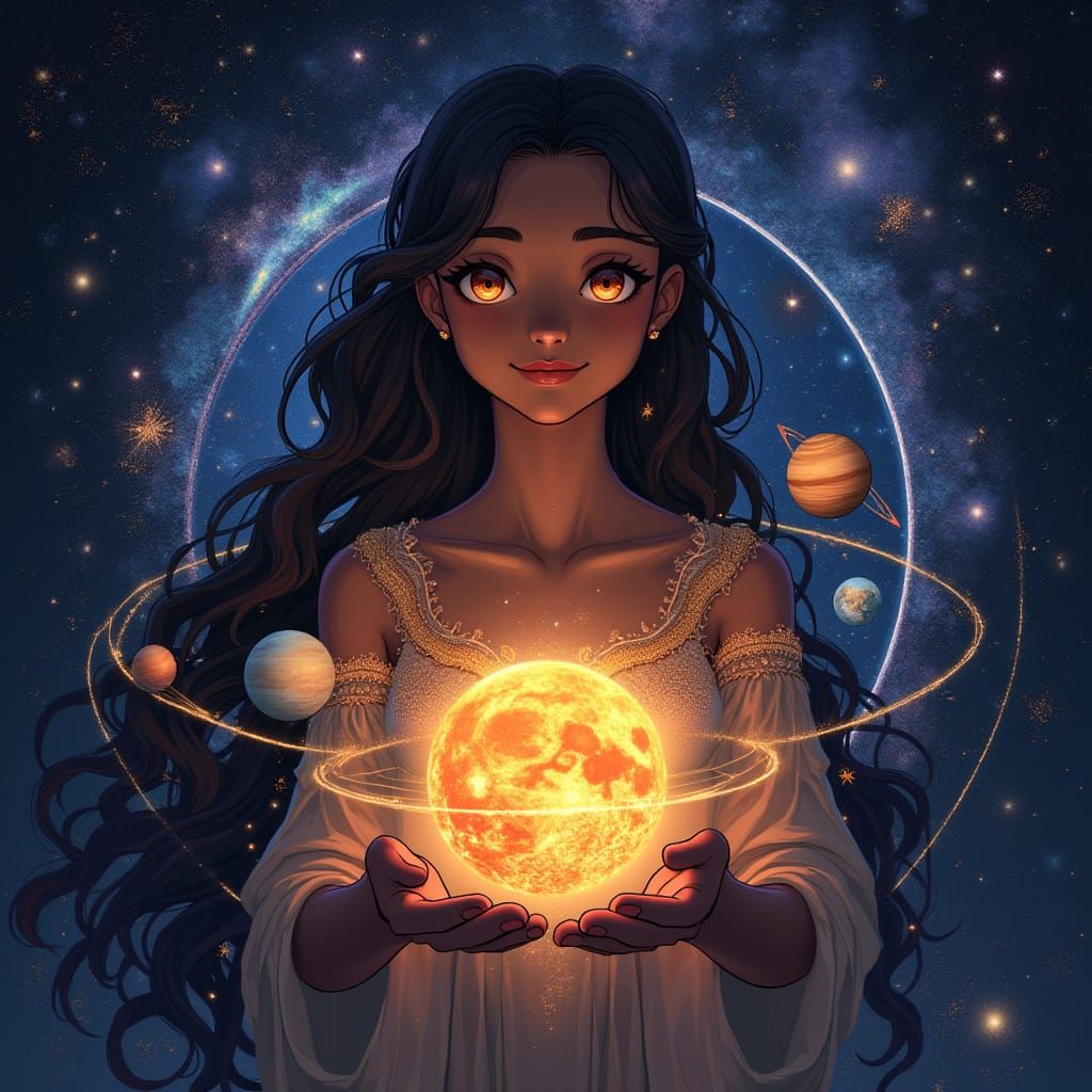 Teenager Holds Stylized Solar System in Nebula