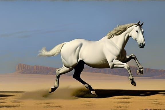 White Mustang Galloping: Photorealistic Desert Oil Painting