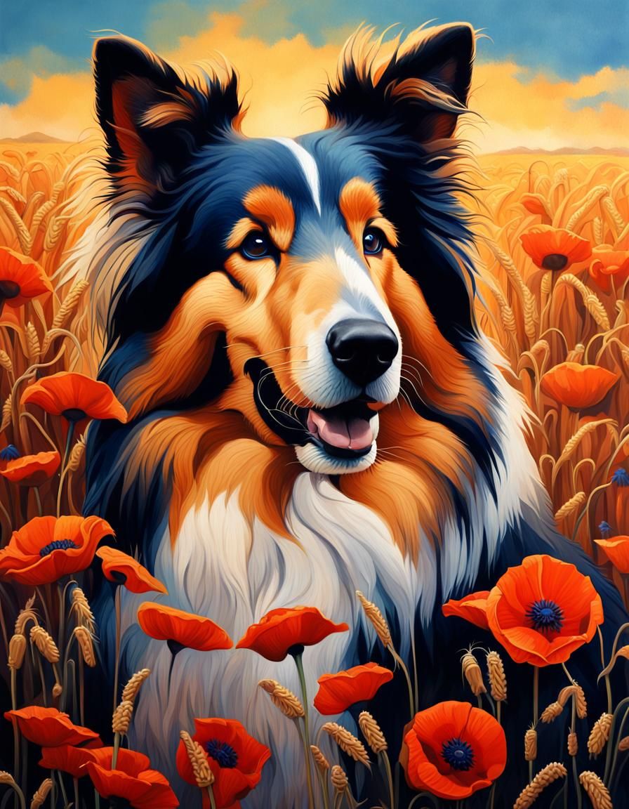 Hyperrealistic Portrait of Rough Collie in Cornfield
