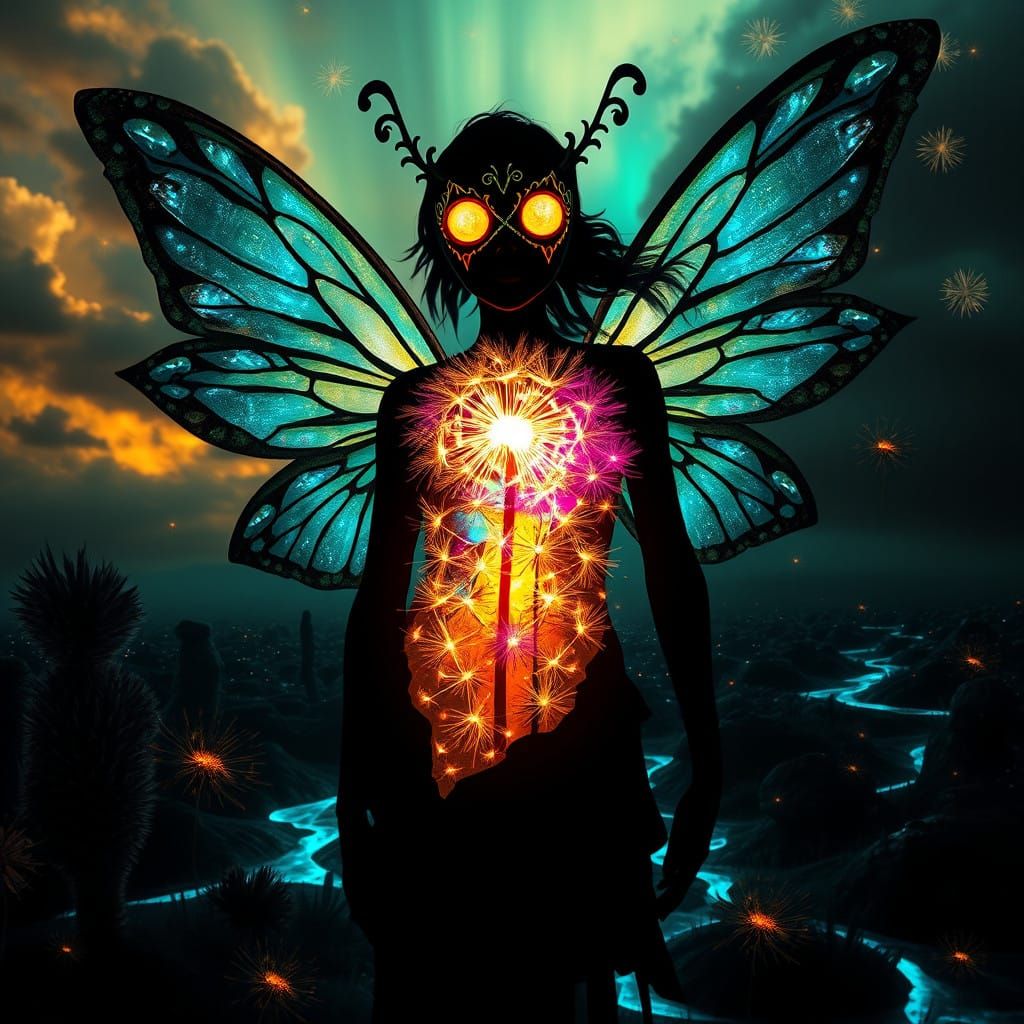 Surreal Fairy in Radiant Chiaroscuro Scene with Swirling Sha...