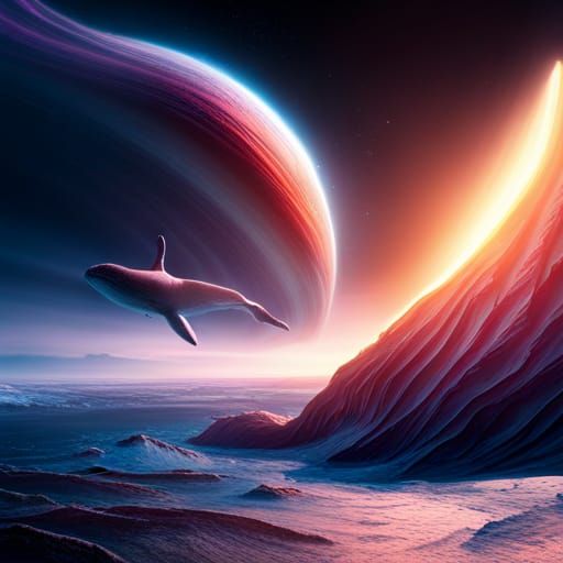 Whale and Book Plunge Through Space: Digital Art
