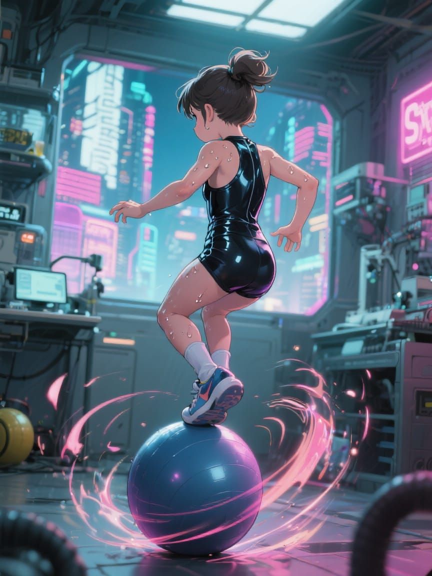 Cyberpunk Athlete Bouncing on Ball in Anime Style