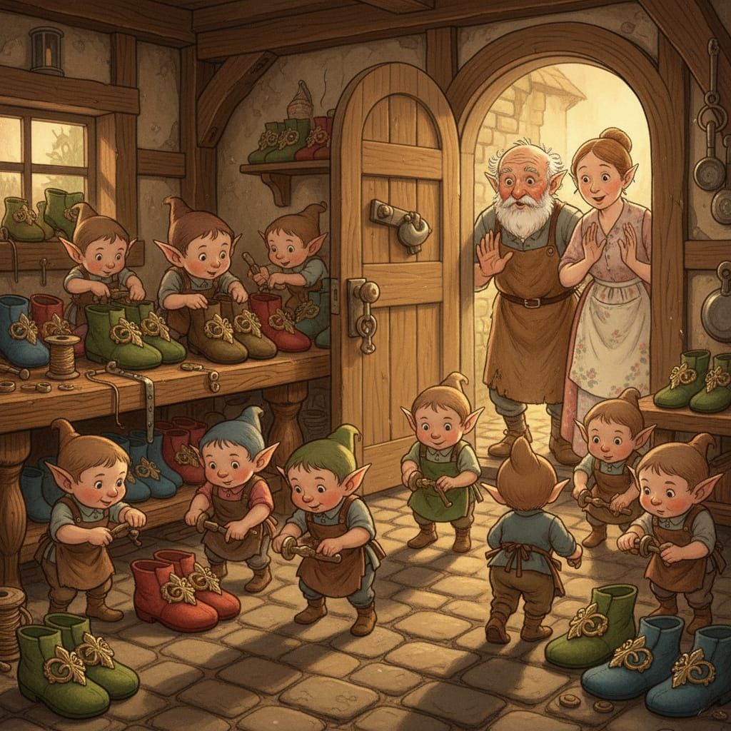 Heartwarming Storybook Scene of Elves Making Shoes