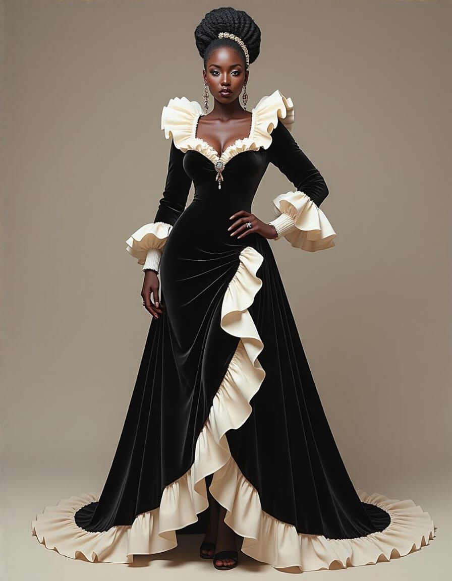 Elegant Woman in Velvet Gown, Baroque Splash-Art Style