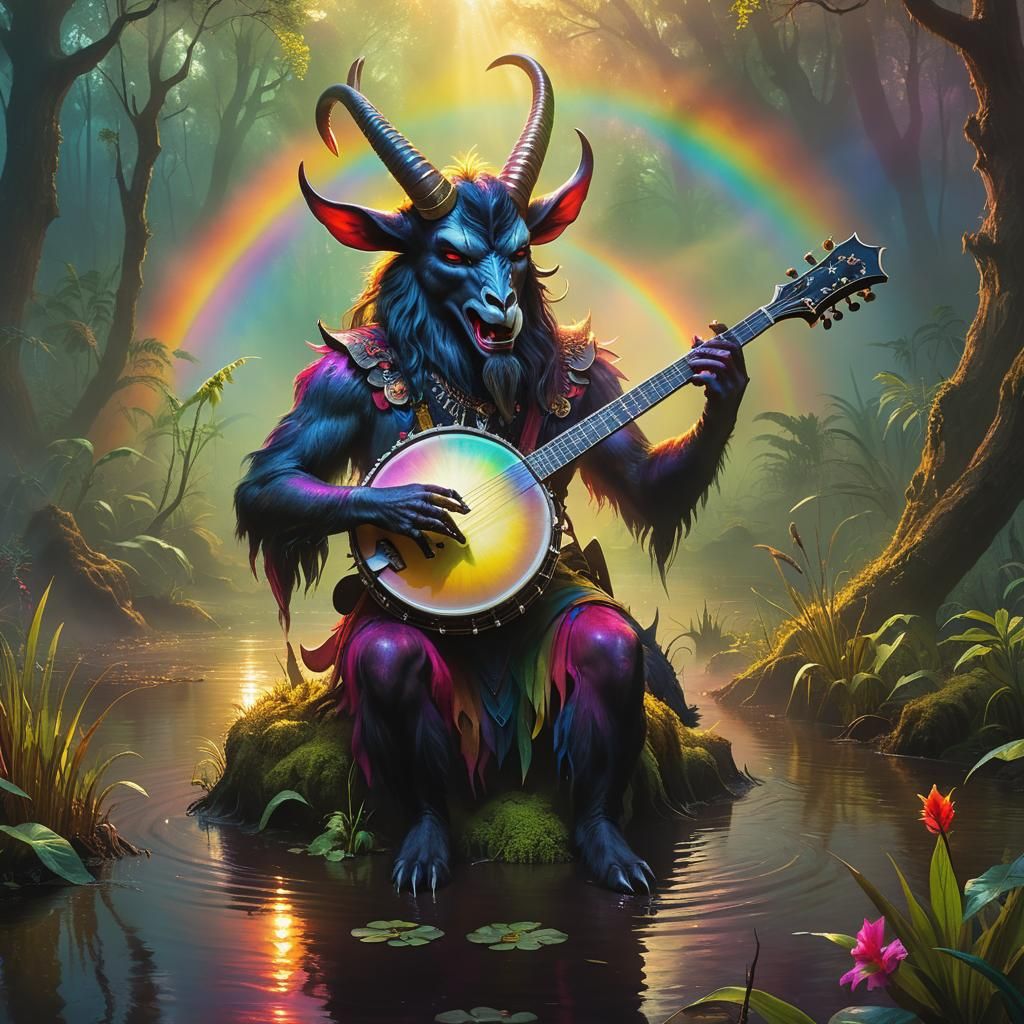 Hyperrealistic Banjo Baphomet Under Vibrant Rainbow