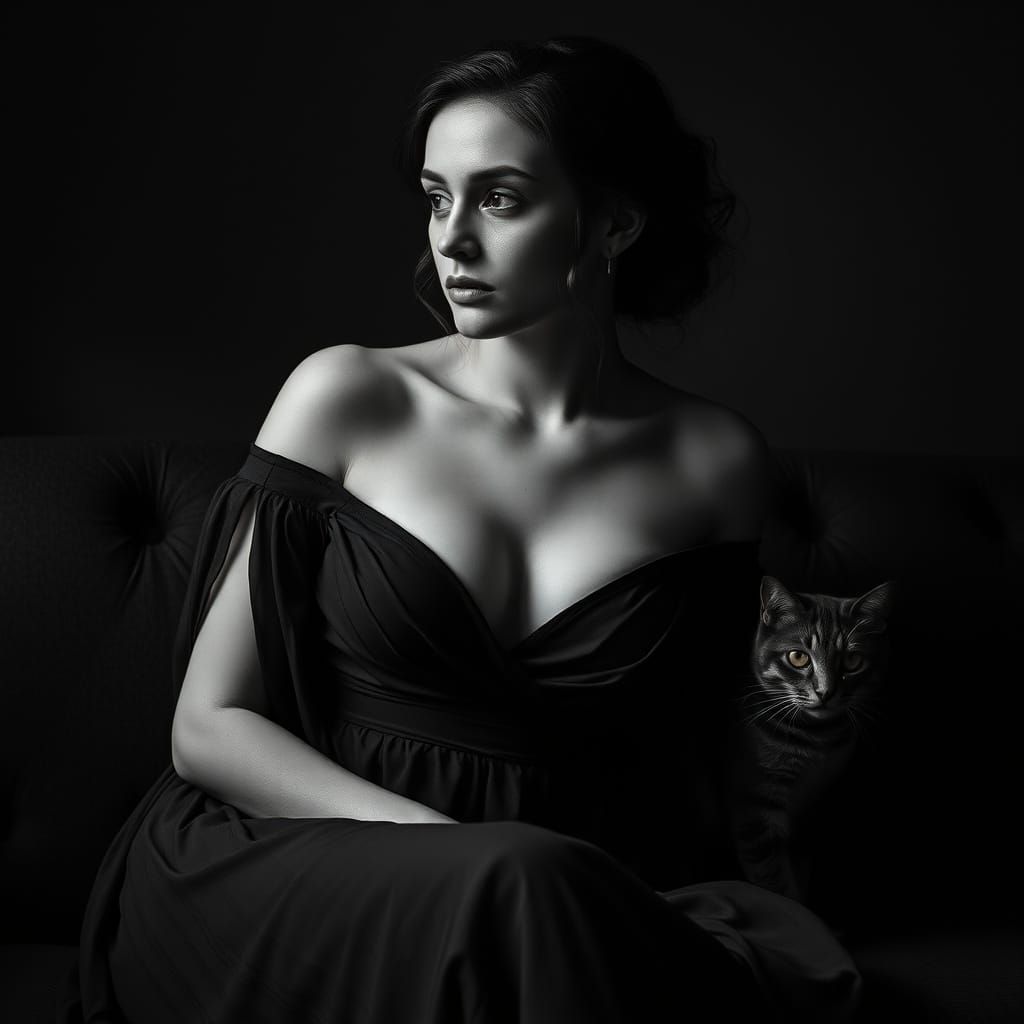Melancholy Woman with Cat in Chiaroscuro Style