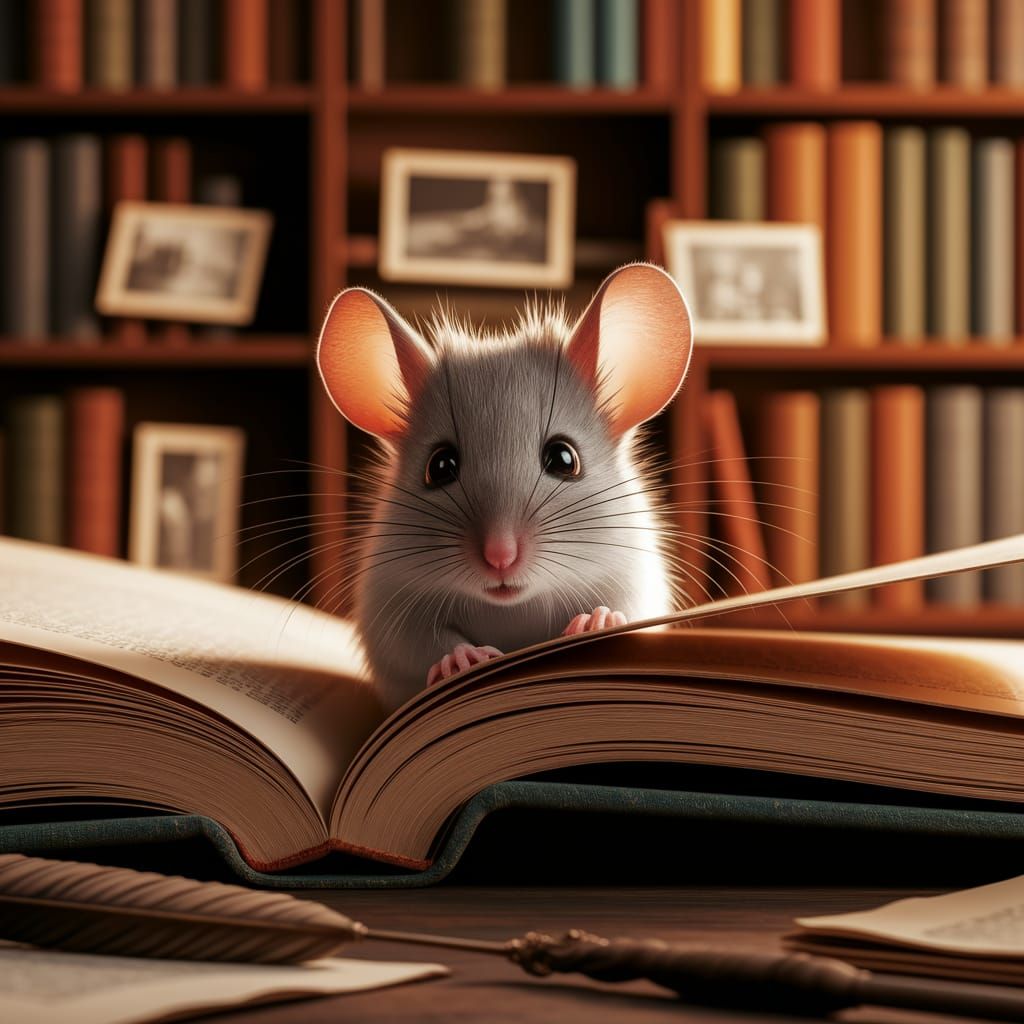 Shy Mouse Peeking in Cozy Library
