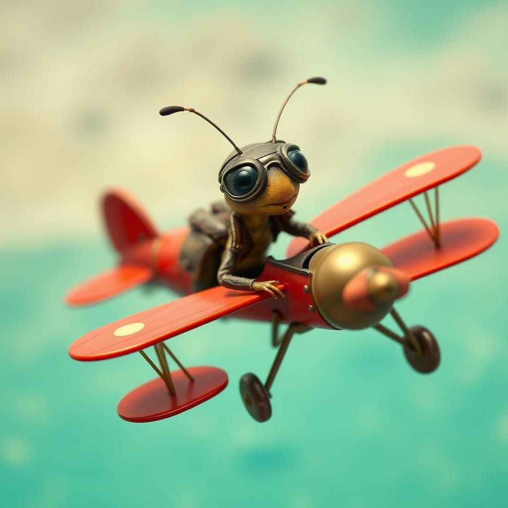 Ant Pilot Flies Biplane in Animated Style