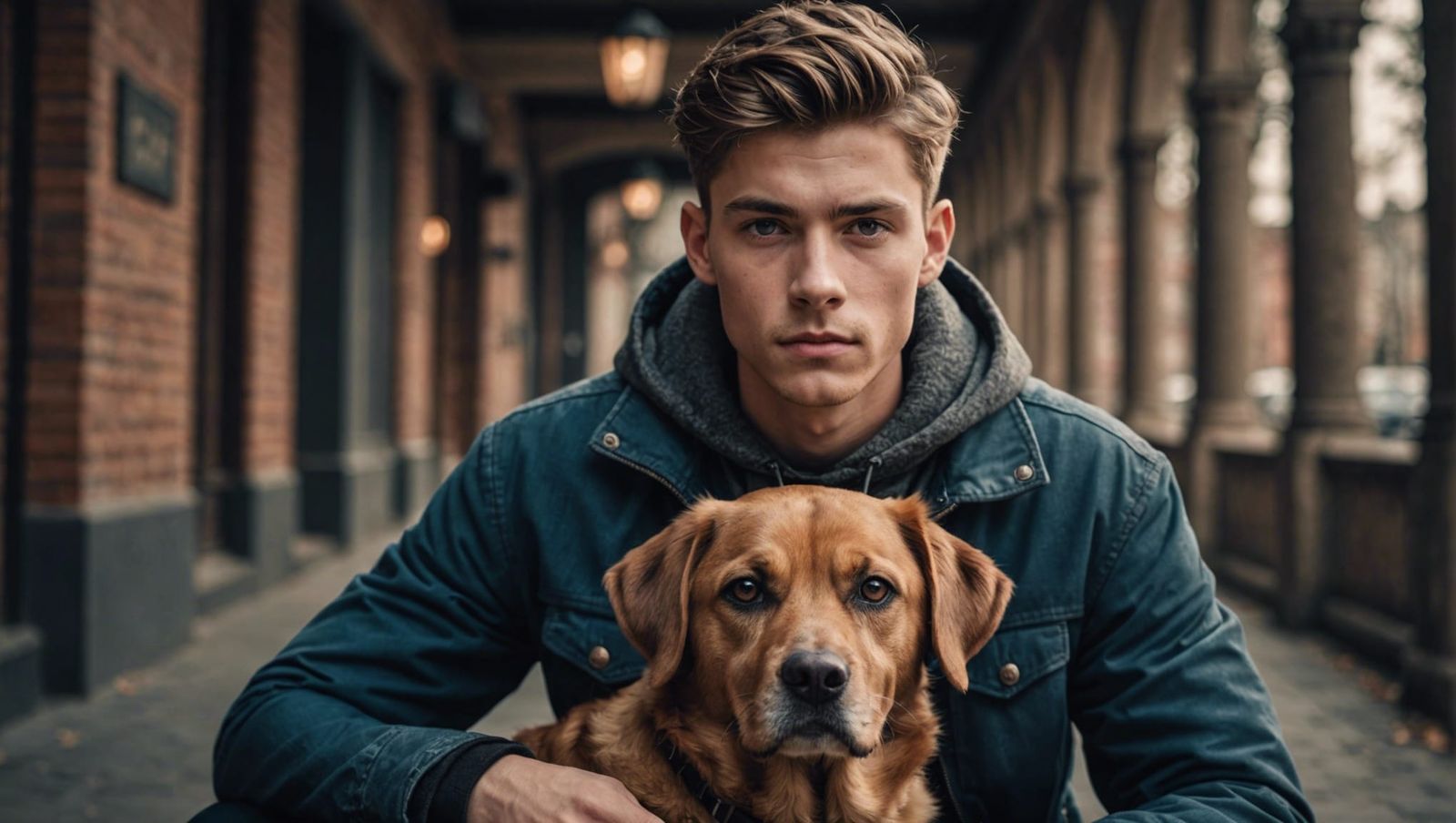 Hyperrealistic Portrait of Youthful Male Model with Dog