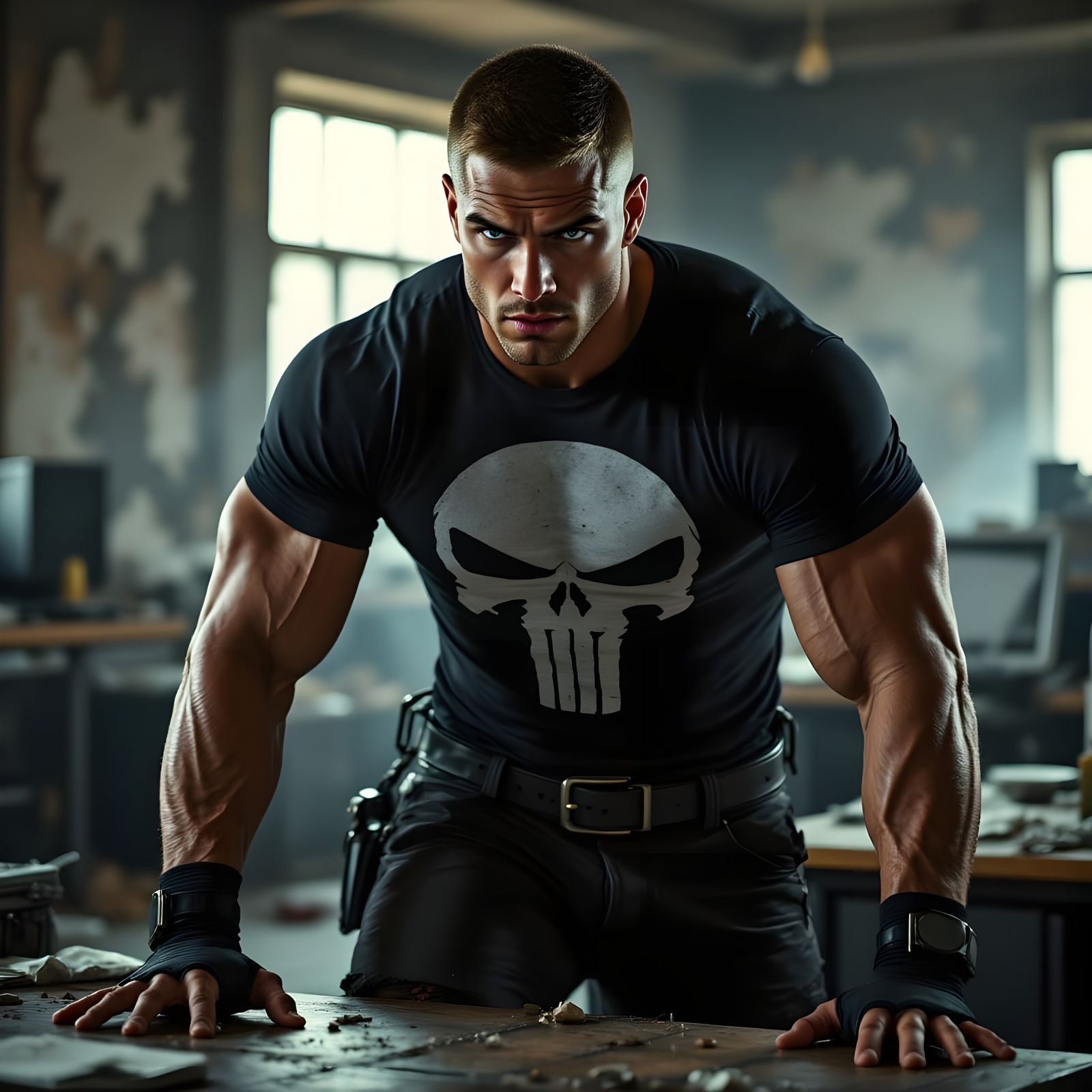 Intense Punisher Portrait in Dark, Cinematic Realism
