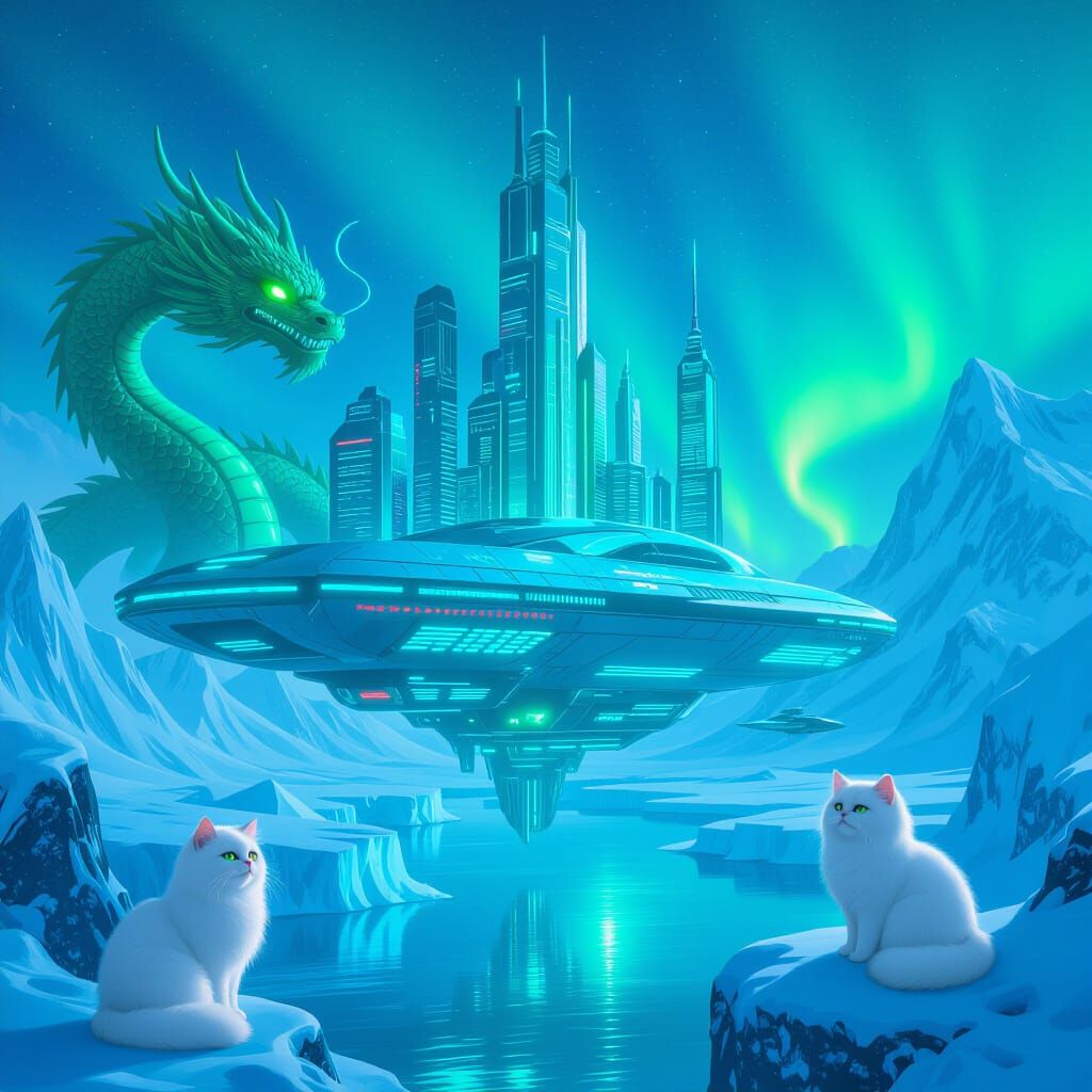 Futuristic Floating City with Dragons and Cats in Blue-Green...