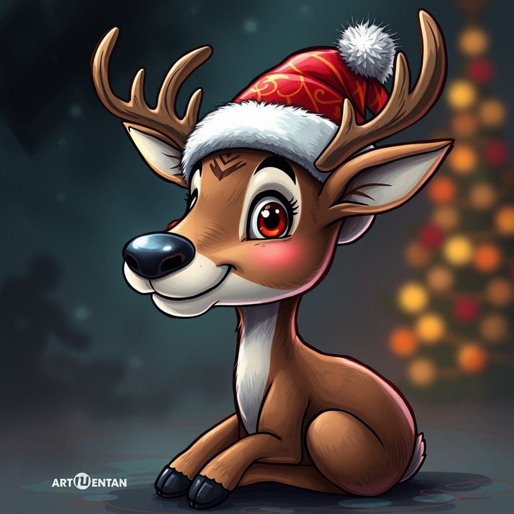 Vibrant Cartoon Deer in New Year's Hat, Smiling with Googly....