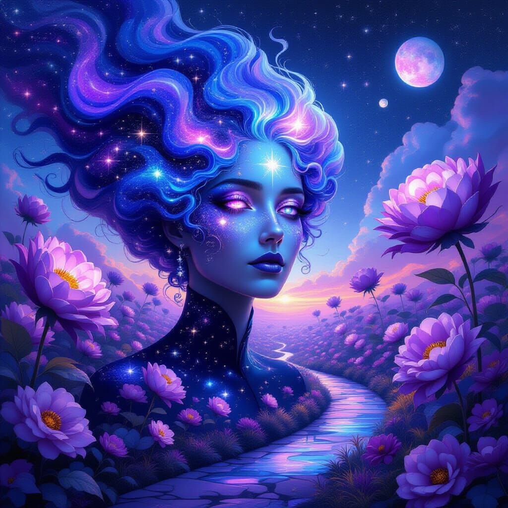 Cosmic Figure Portrait with Starry Face in Surreal Garden