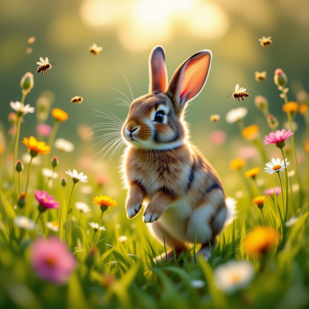 Whimsical Rabbit in Sun-Dappled Meadow Oil Painting