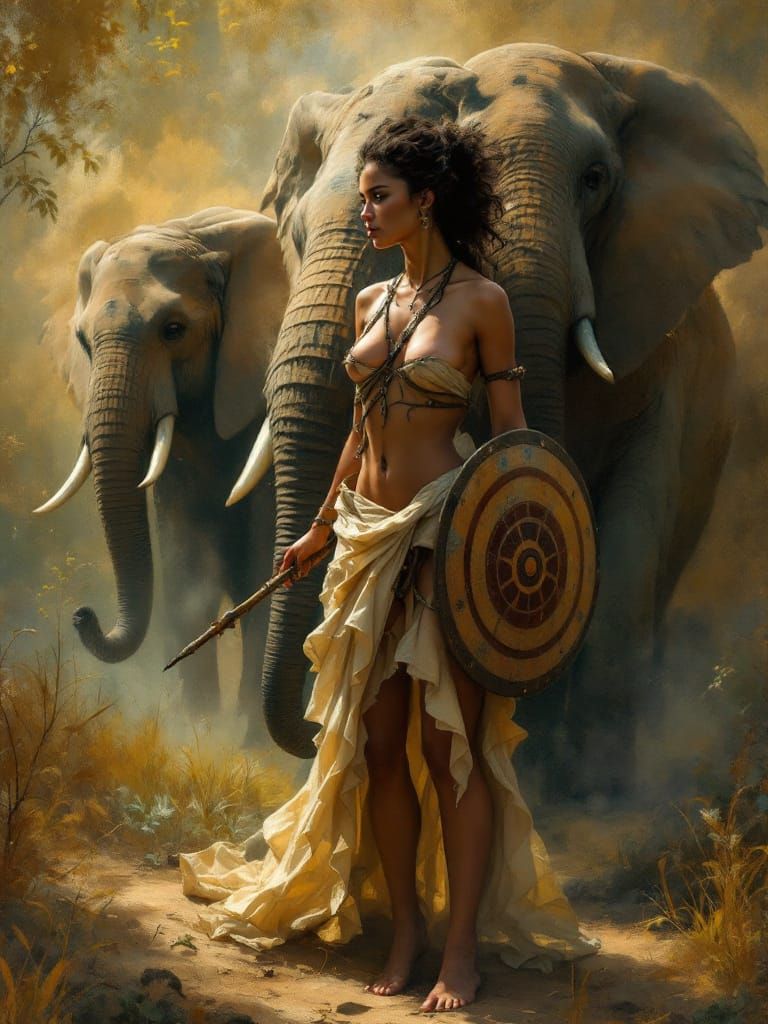 African Warrior Queen with Elephants in Tonalist Style