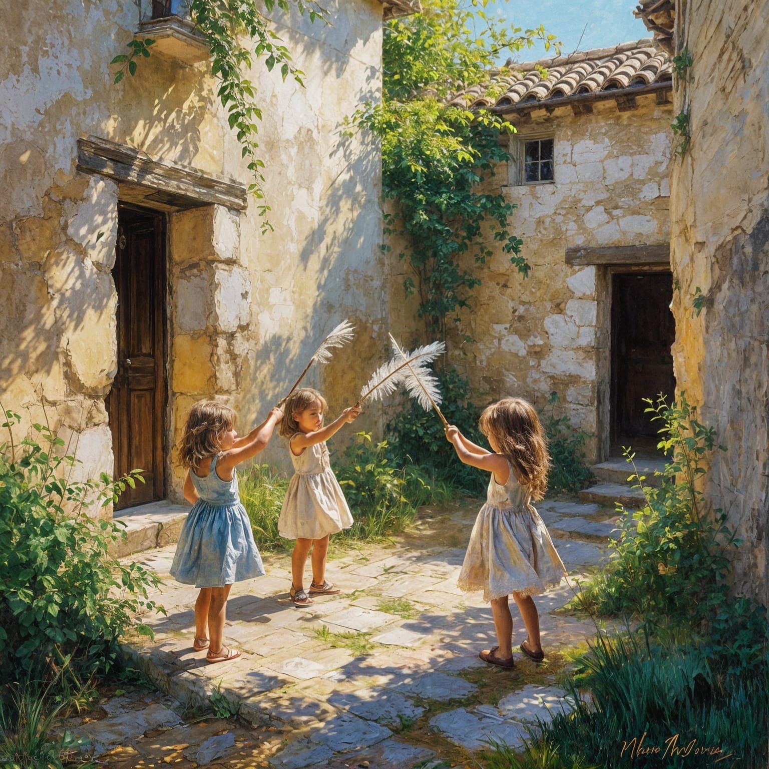 Impressionistic Oil Painting of Children in Golden Hour Cour...