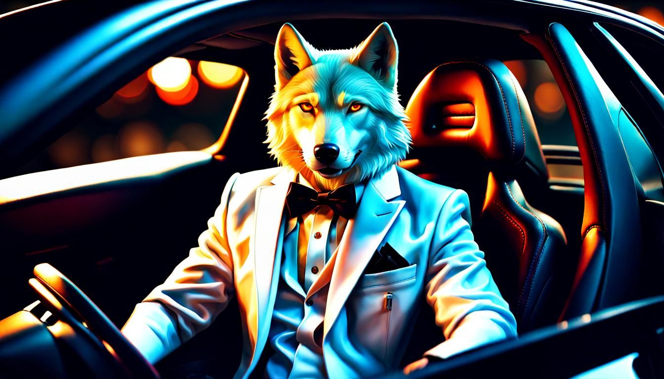 Wolf in Tuxedo Driving Lamborghini, Hyperrealistic Watercolo...