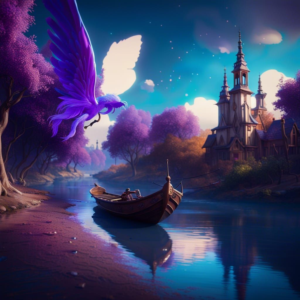 Winged Boat Flies Over River, Vintage Village