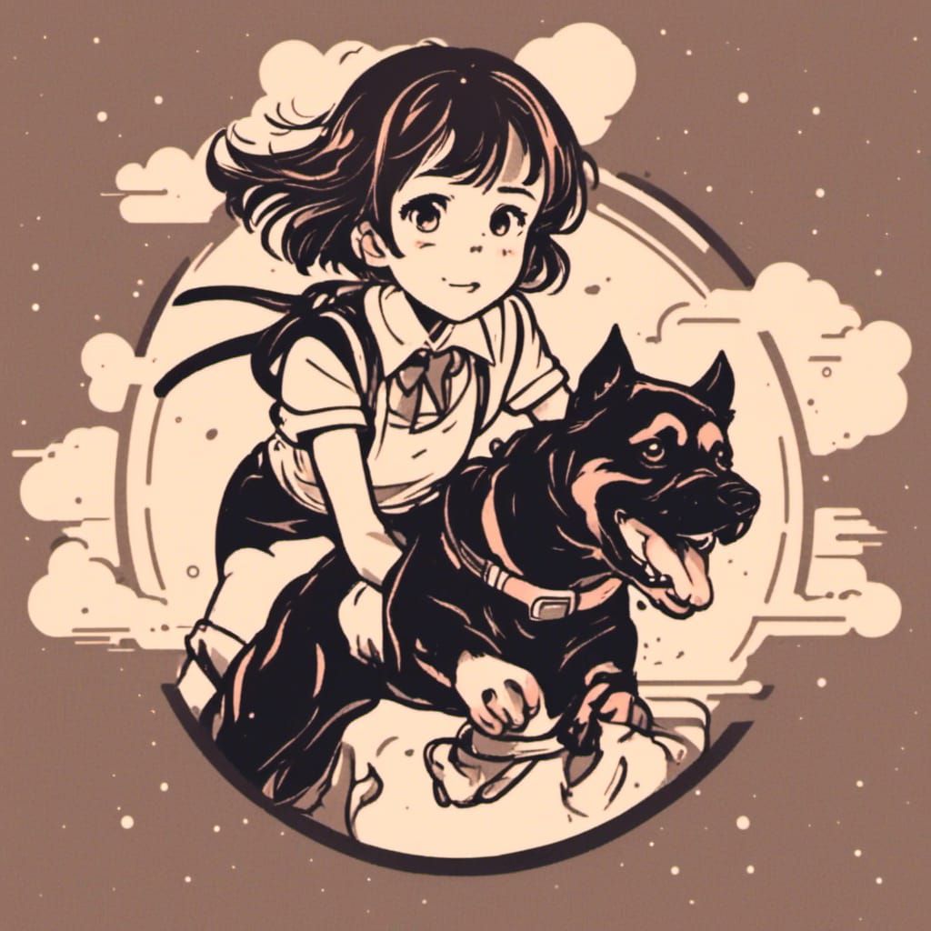 Anime Girl Rides Rottweiler in Vector Art Style