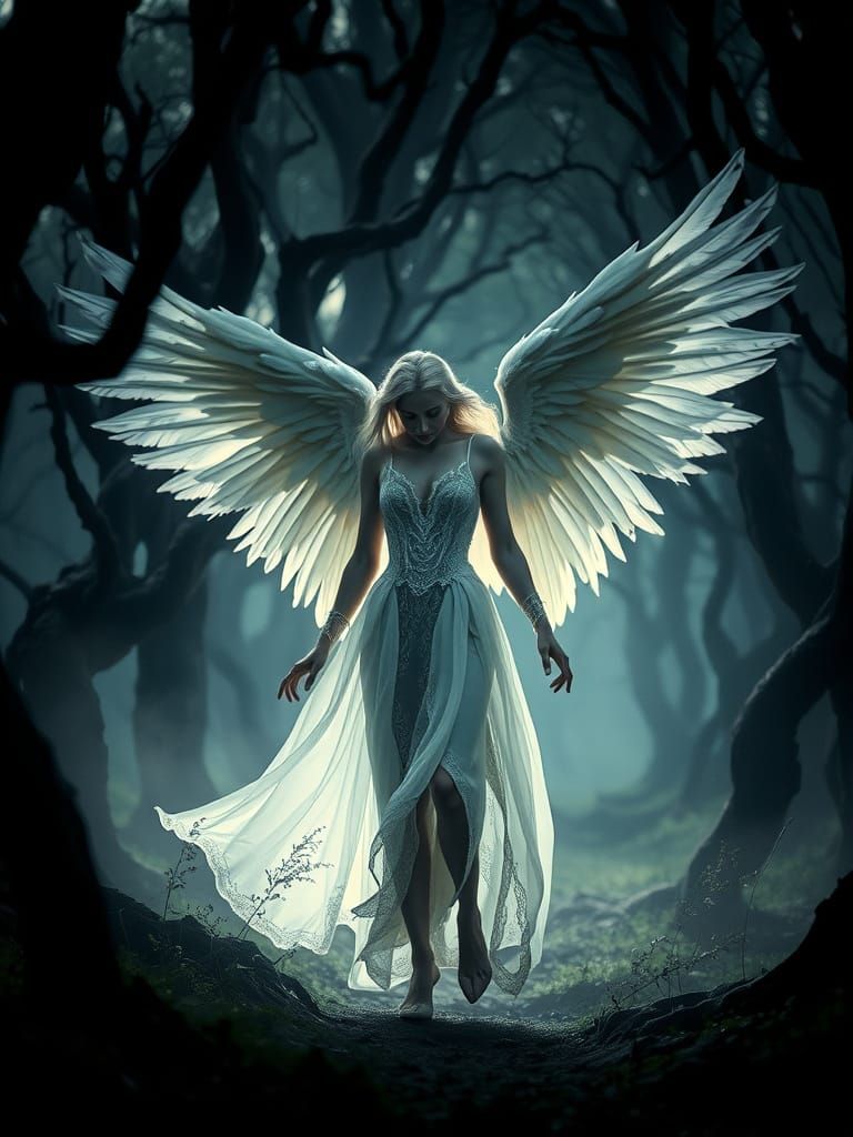 Eerie Angel in Dark Medieval Forest