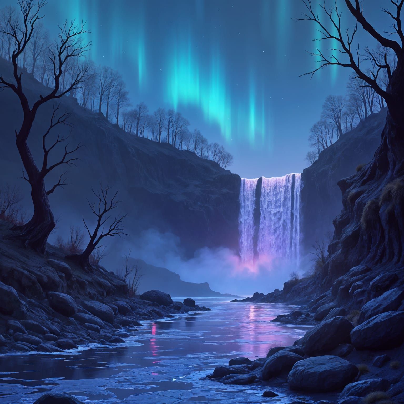 Alien Waterfalls Under Aurora Borealis
