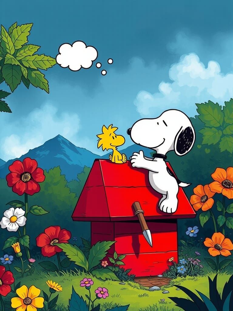 Whimsical Anime Woodstock and Snoopy in Lush Garden