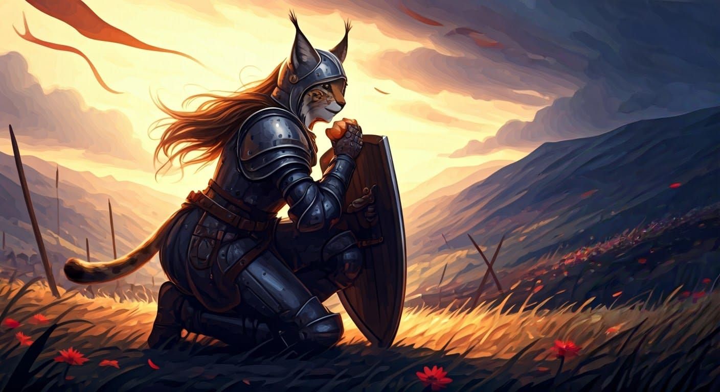 Dreamlike Fantasy Lynx Knight Protects Bread in Wartorn Land...