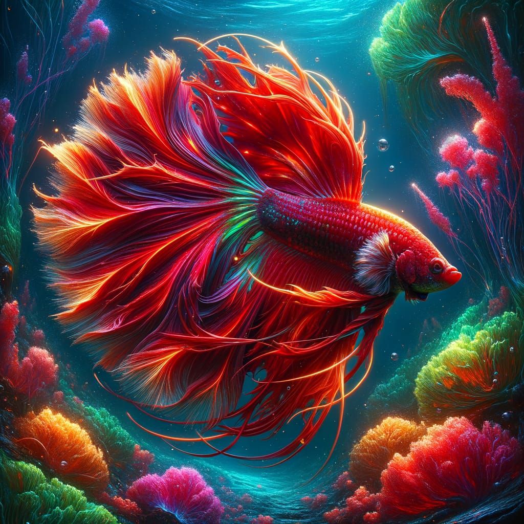 Vibrant Red Betta Fish in Coral Reef: Maximalist Image