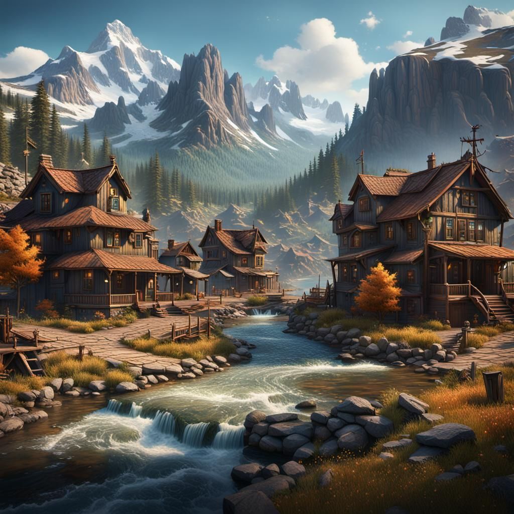 Fantastical Montana Mountain Town in Matte Painting Style