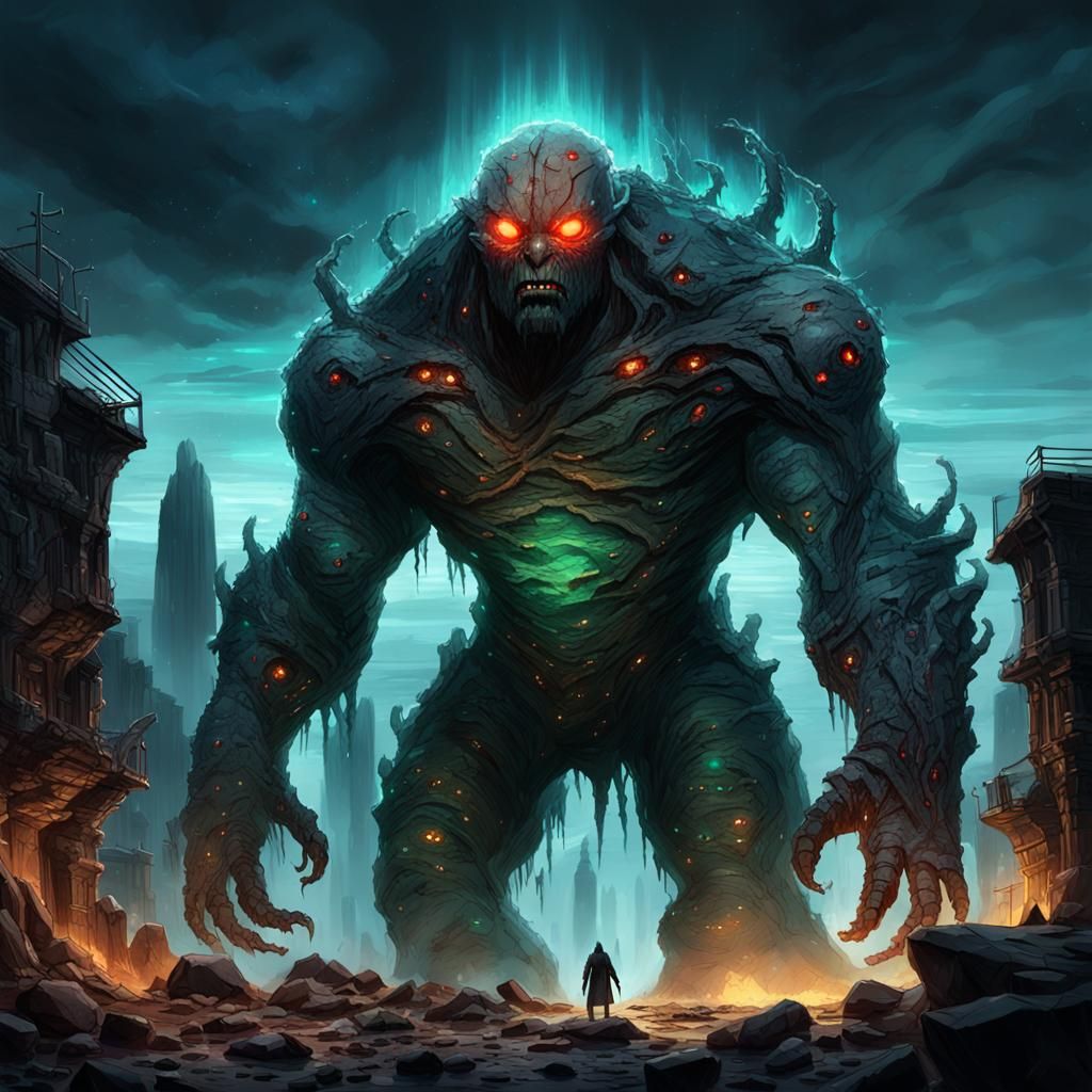 Stone Colossus in Ruined City, Dark Fantasy Art
