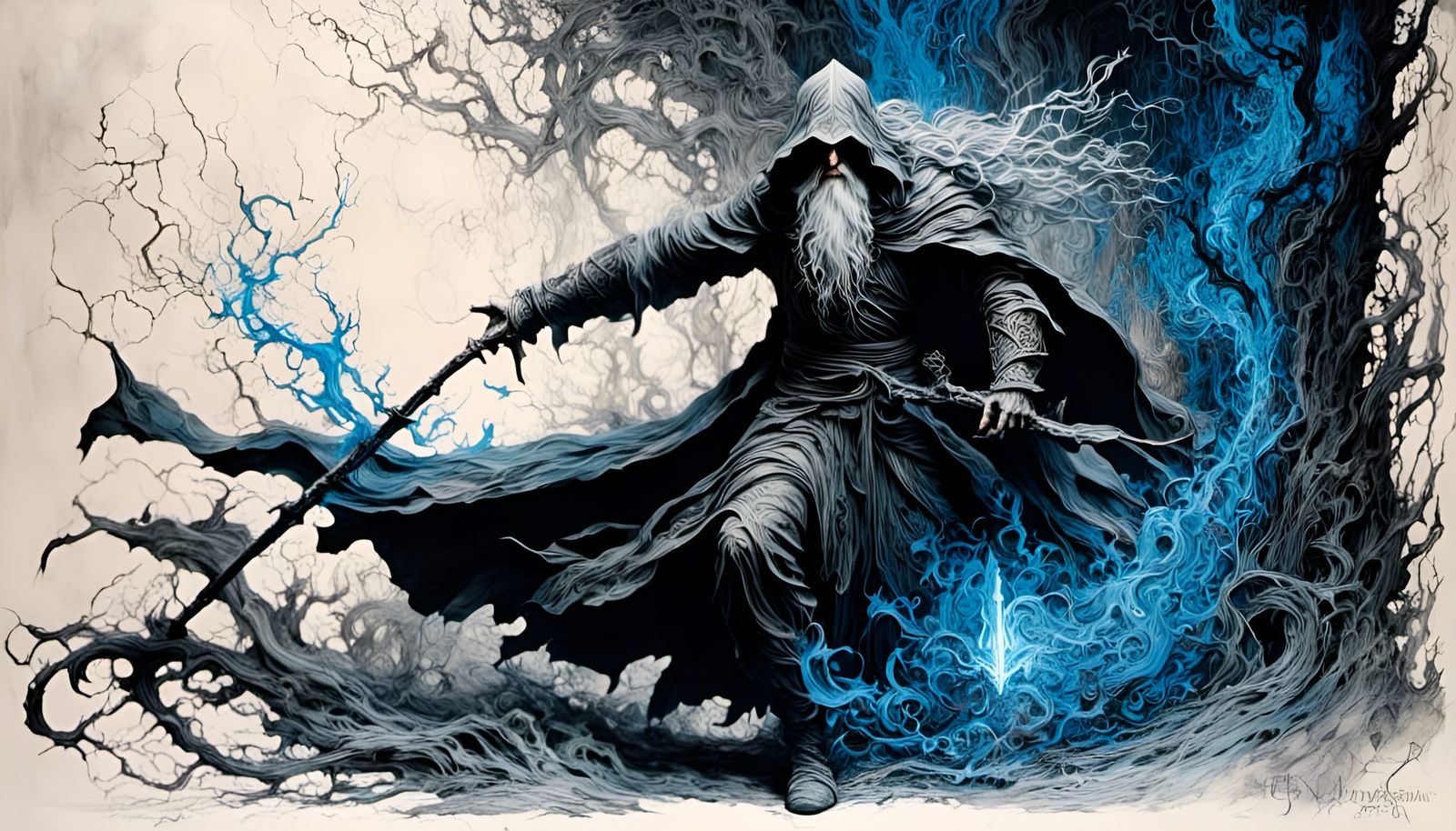 Gandalf in Dark Forest with Glowing Runes
