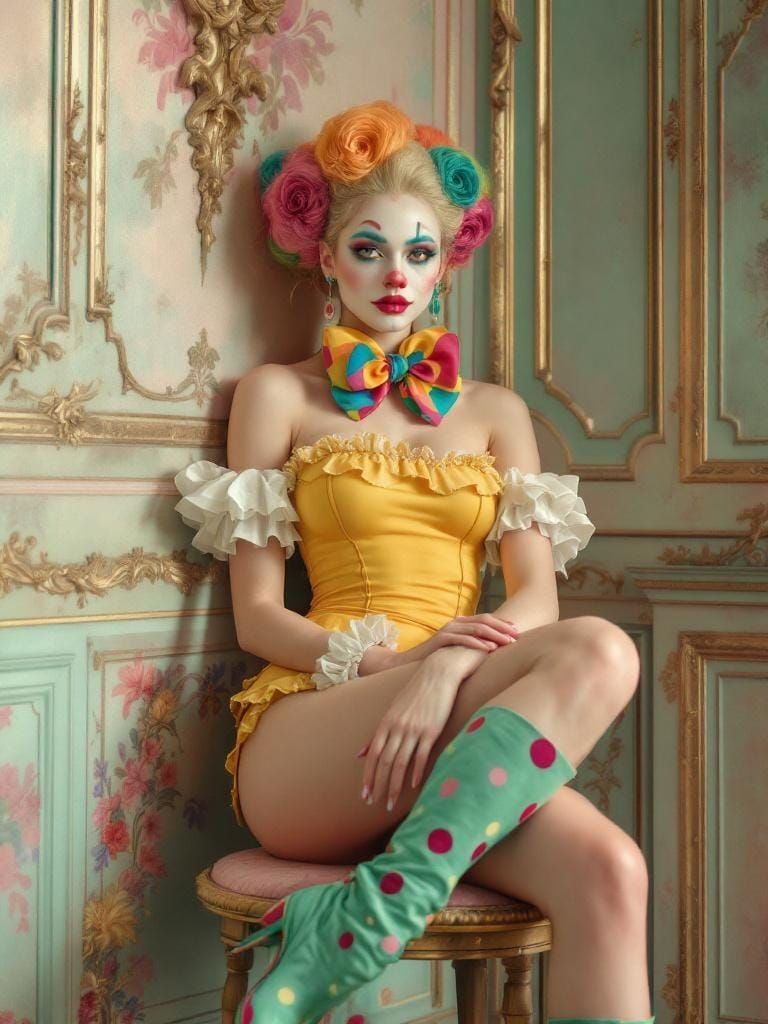 Rococo Portrait of Confident Clown in Opulent Setting