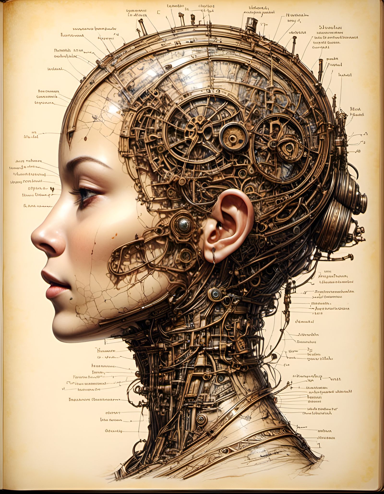 Steampunk Woman's Head Schematic in Pencil Style